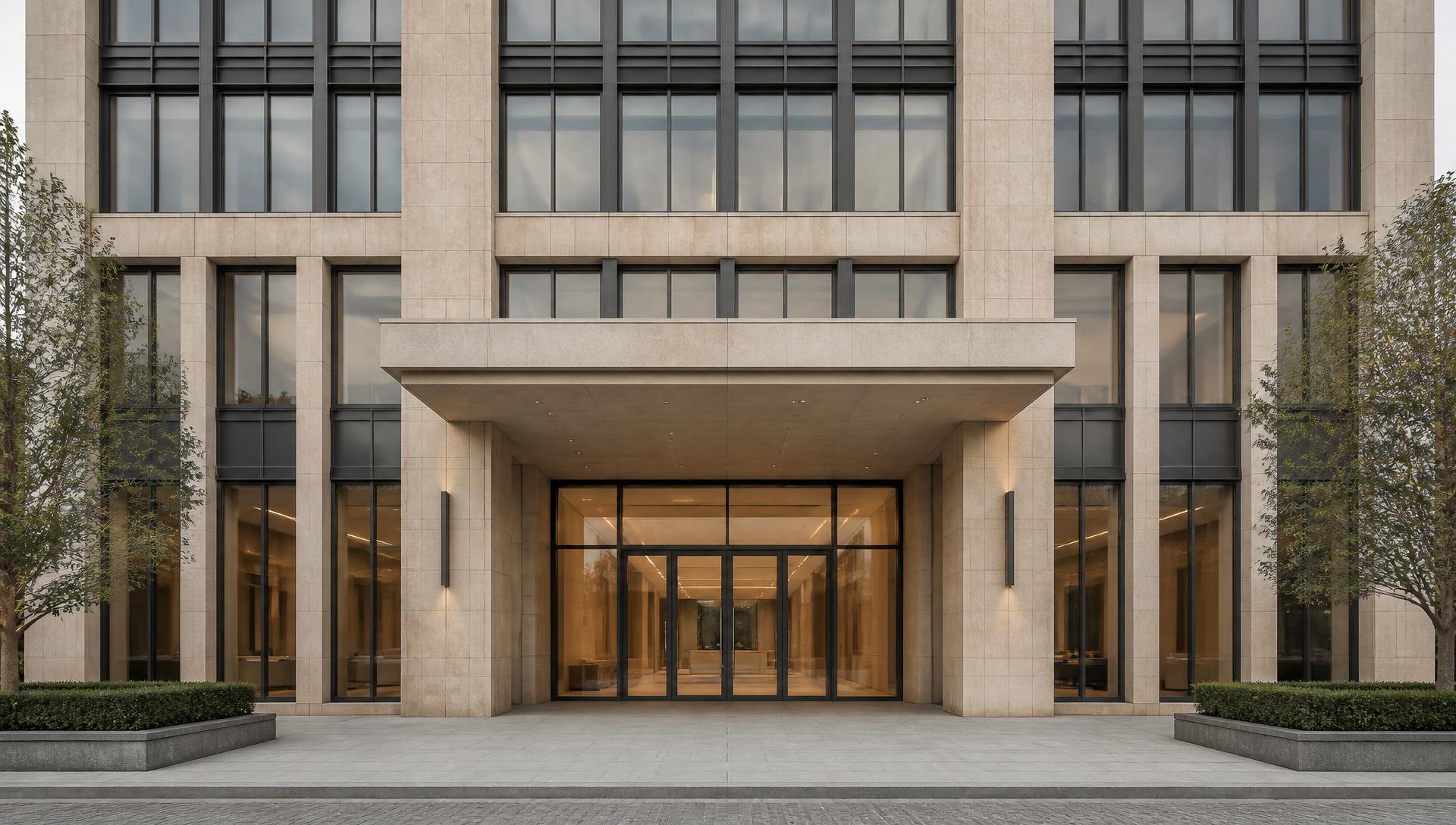 Ruhige Fassade eines modernen Wohn- und Geschäftsgebäudes